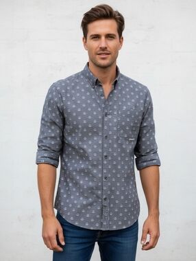 Iron & Resin Anchor Print Button Up Shirt Grey Chambray Long Sleeve Americana S